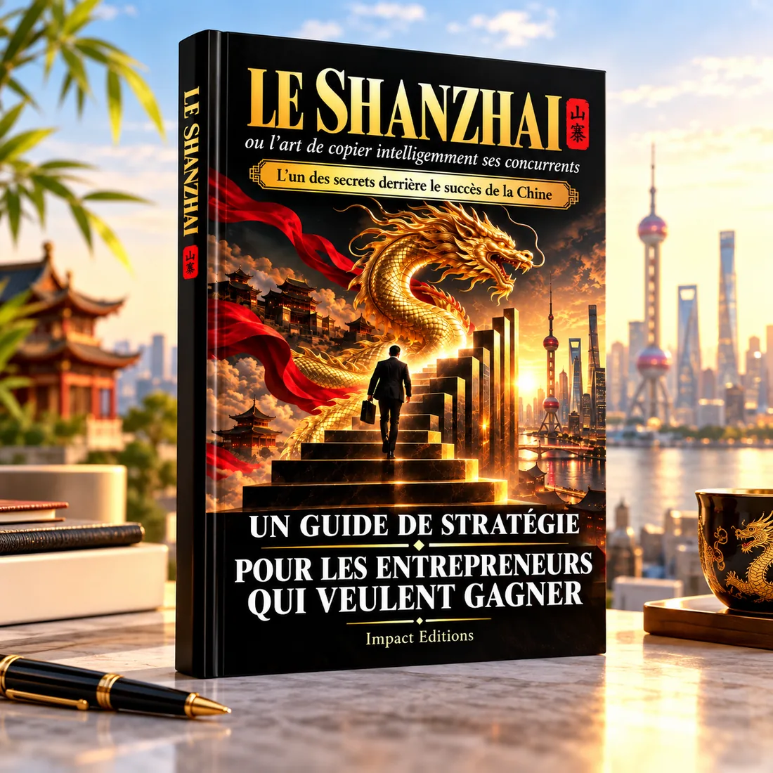 Le livre Le Shanzhai posé sur un bureau face à la skyline de Shanghai au coucher du soleil