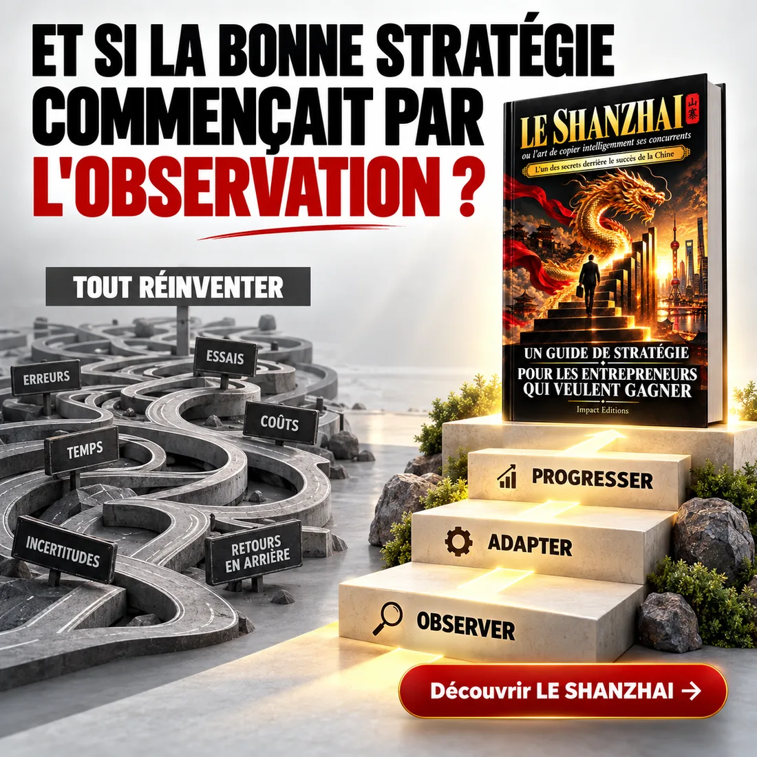 Affiche : Et si la bonne stratégie commençait par l'observation ? Tout réinventer mène aux erreurs, essais, coûts et retours en arrière ; observer, adapter, progresser mène au succès.